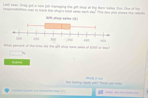 Last year, Greg got a new job managing the gift shop at the Bern Valley Zoo. One of his 
responsibilities was to track the shop's total sales each day. This box plot shows the results. 
What percent of the time did the gift shop have sales of $350 or less?
□ %
Submit 
Work it out 
Not feeling ready yet? These can help: 
Calcistate quartien and interquarée range (17) Laspon. Daa bad whisher slots