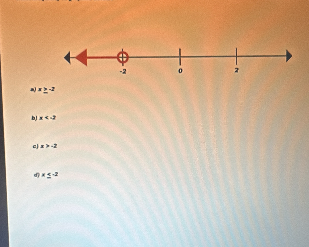 a) x≥ -2
b) x
c) x>-2
d) x≤ -2