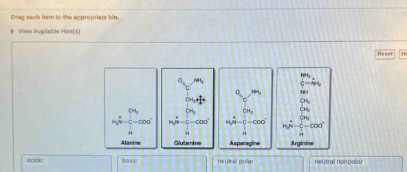 Drao
View A
Rese -
dot C=NH_2
CH_1
CH_3
H_3N-C-COO^-
Arginine
acidic basic neutral polar neutral nonpolar