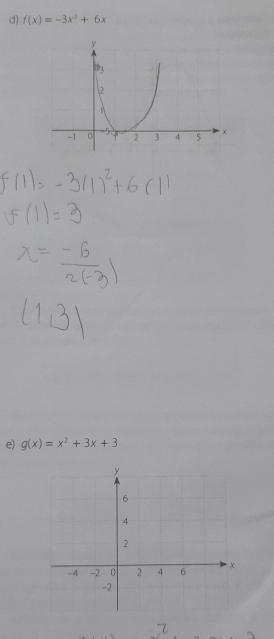 f(x)=-3x^2+6x
e) g(x)=x^2+3x+3