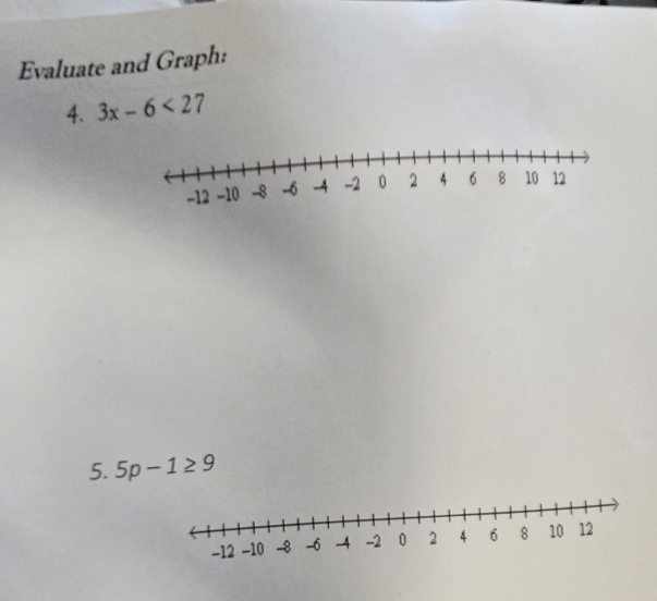 Evaluate and Graph: 
4. 3x-6<27</tex> 
5. 5p-1≥ 9