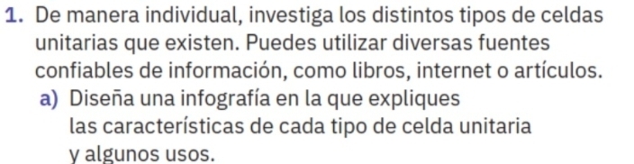 De manera individual, investiga los distintos tipos de celdas 
unitarias que existen. Puedes utilizar diversas fuentes 
confiables de información, como libros, internet o artículos. 
a) Diseña una infografía en la que expliques 
las características de cada tipo de celda unitaria 
y algunos usos.