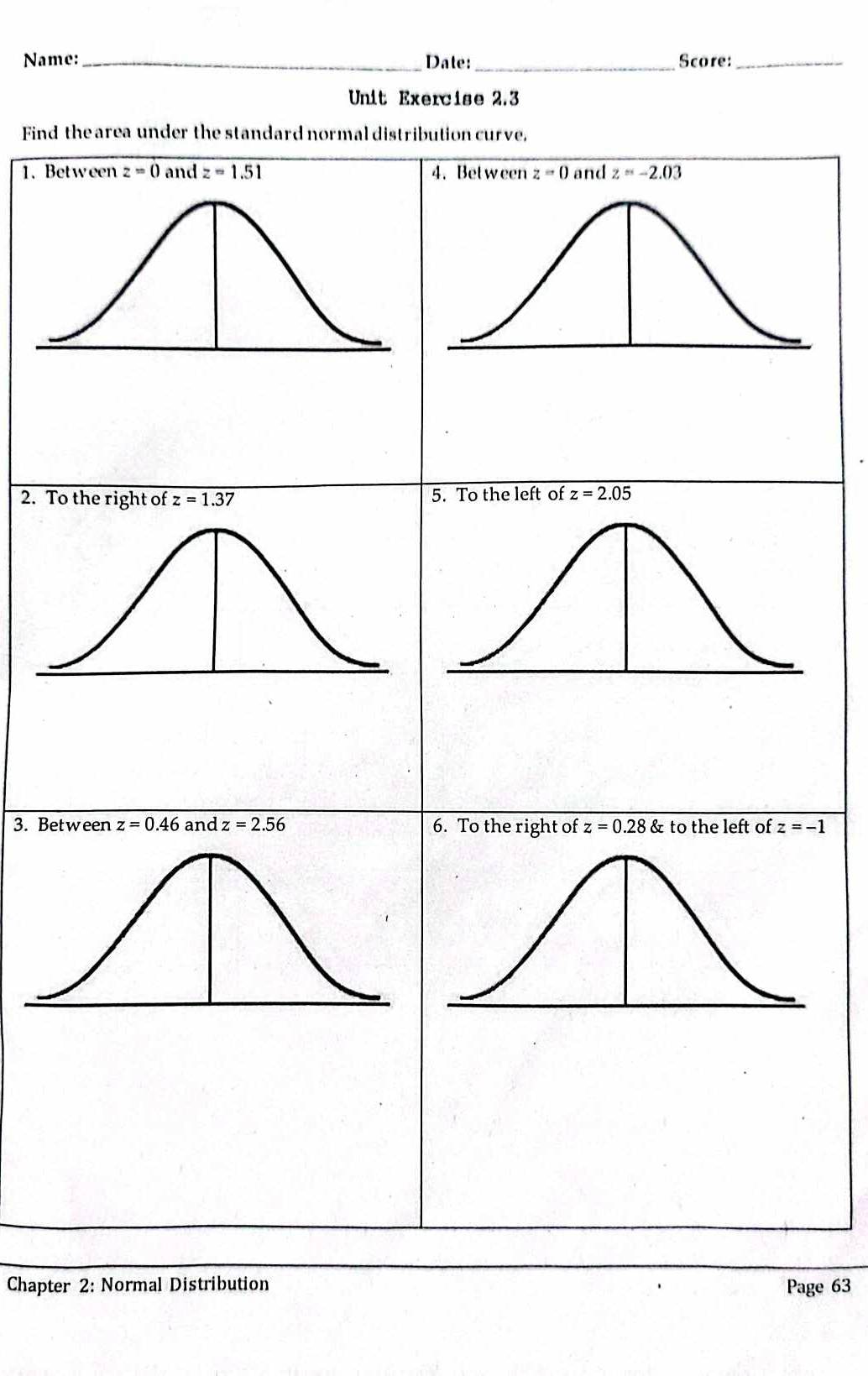 Name: _Date: _Score:_ 
Unit Exercise 2.3 
Find the area under the standard normal distribution curve. 
1. Between z=0 and z=1.51 4. Between z=0 and z=-2.03
2. To the right of z=1.37 5. To the left of z=2.05
3. Between z=0.46 and z=2.56 6. To the right of z=0.28 & to the left of z=-1
Chapter 2: Normal Distribution 
Page 63