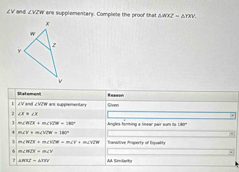 ∠ V and ∠ VZW are supplementary. Complete the proof that △ WXZsim △ YXV. 
Statement Reason 
1 ∠ V and ∠ VZW are supplementary Given 
2 ∠ X≌ ∠ X
3 m∠ WZX+m∠ VZW=180° Angles forming a linear pair sum to 180°
4 m∠ V+m∠ VZW=180°
5 m∠ WZX+m∠ VZW=m∠ V+m∠ VZW Transitive Property of Equality 
6 m∠ WZX=m∠ V
7 △ WXZsim △ YXV AA Similarity