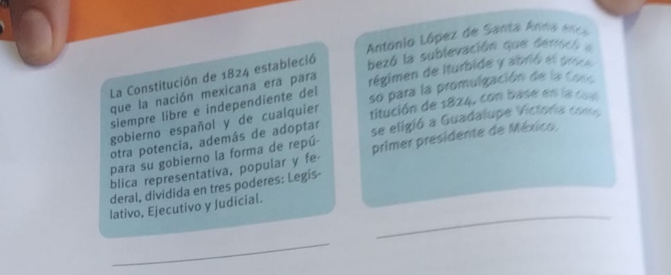 Antonio López de Santa Anna enca 
La Constitución de 1824 estableció bezó la sublevación que dereco a 
que la nación mexicana era para régimen de iturbide y abrid et proc 
siempre libre e independiente del 
so para la promulgación de la Coro 
gobierno español y de cualquier titución de 1824, con base en la co 
para su gobierno la forma de repú- se eligió a Guadalupe Victora com 
otra potencia, además de adoptar 
blica representativa, popular y fe primer presidente de México. 
deral, dividida en tres poderes: Legis- 
_ 
lativo, Ejecutivo y Judicial. 
_