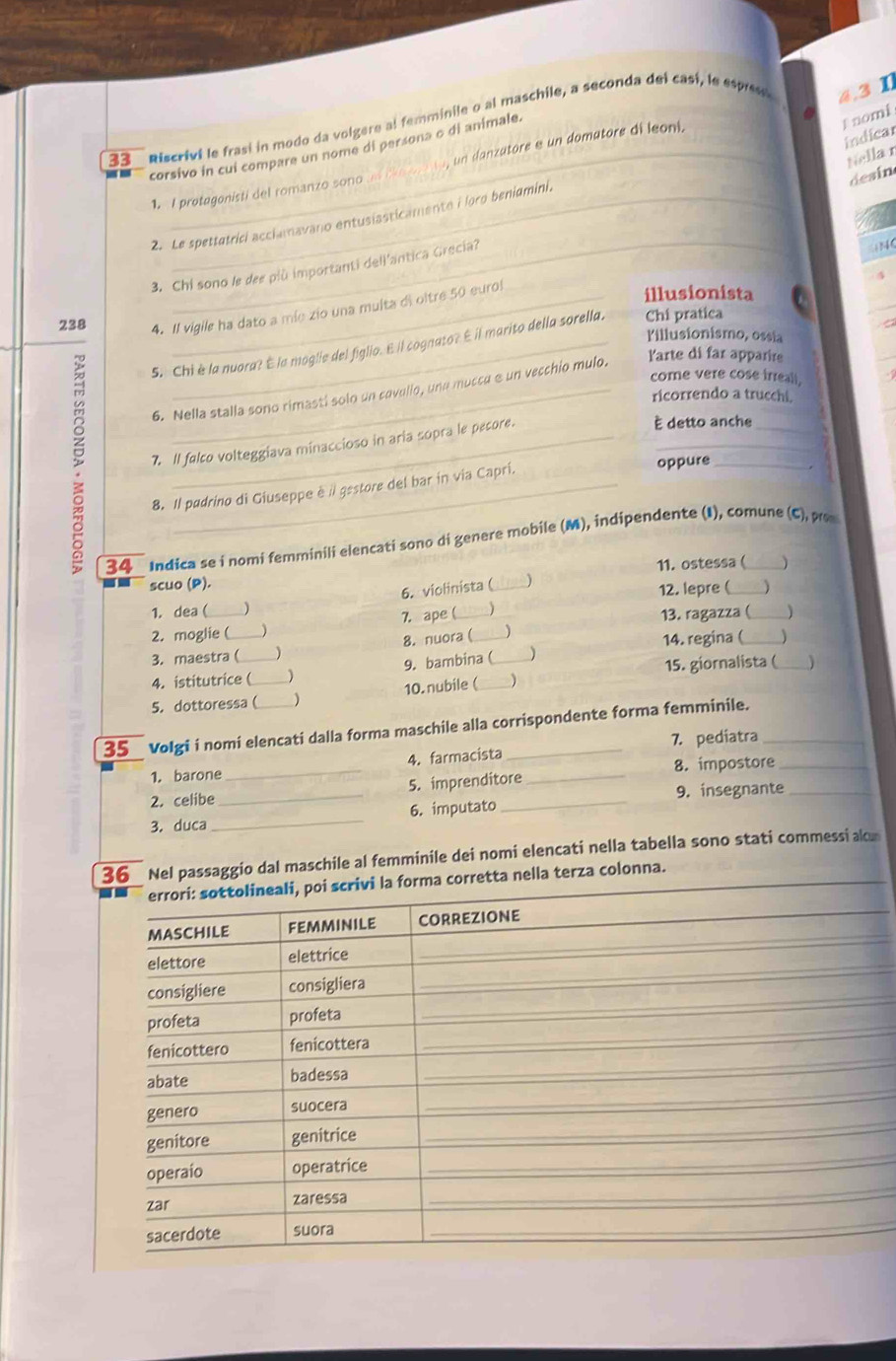Riscrivi le frasi in modo da volgere al femminile o al maschile, a seconda del casi, le espress
4.3 1
indicar f nomi
corsivo in cul compare un nome di persona o di animale.
Nella r
1. I protagonisti del romanzo sono un danzatore e un domatore di leoni.
desin
_
2. Le spettatrici acclamavano entusiasticamente i loro beniamini.
3. Chi sono le dee plù importanti dell'antica Grecia?
4(
4
238 4. Il vigile ha dato a míe zio una multa di oltre 50 eurol
_illusionista
Killusionismo, ossia
5. Chi è la nuora? É la moglie del figllo. E il cognato? É il marito della sorella. Chí pratica
6. Nella stalla sono rimasti solo un covello, una mucca é un vecchio mulo.
larte di far apparire
come vere cose irrealt.
ricorrendo a trucchi.
_
7. Il falco volteggiava minaccioso in aria sopra le pesore.
è detto anche_
8. Il padrino di Giuseppe è il gestore del bar in via Caprí. oppure
34 Indica se i nomi femminili elencati sono di genere mobile (M), indipendente (I), comune (C), pr
scuo (P). _) 11. ostessa (_ 
6. violinista (
1. dea ( ) 12. lepre (_ )
2. moglie ( ) 7. ape ( _) 13. ragazza (_
3. maestra (_ _8. nuora (_ _) 14. regina (_ )
9. bambina( )
4. istitutrice ( ) _15. giornalista (_
5. dottoressa(_ ) 10. nubile ( )
35 Volgi i nomi elencati dalla forma maschile alla corrispondente forma femminile.
1. barone _4. farmacista 7. pediatra_
8. impostore
2. celibe _5. imprenditore
9. insegnante_
3. duca _6. imputato
36 Nel passaggio dal maschile al femminile dei nomi elencati nella tabella sono stati commessi alo
corretta nella terza colonna.