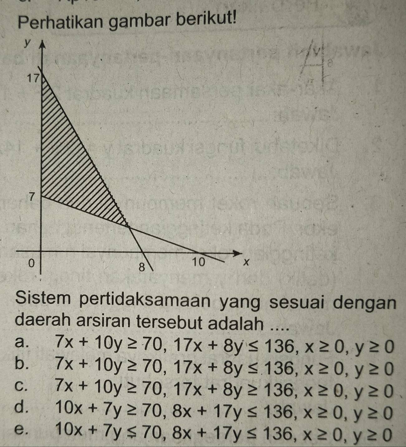 Perhatikan gambar berikut!
Sistem pertidaksamaan yang sesuai dengan
daerah arsiran tersebut adalah ....
a. 7x+10y≥ 70, 17x+8y≤ 136, x≥ 0, y≥ 0
b. 7x+10y≥ 70, 17x+8y≤ 136, x≥ 0, y≥ 0
C. 7x+10y≥ 70, 17x+8y≥ 136, x≥ 0, y≥ 0
d. 10x+7y≥ 70, 8x+17y≤ 136, x≥ 0, y≥ 0
e. 10x+7y≤ 70, 8x+17y≤ 136, x≥ 0, y≥ 0