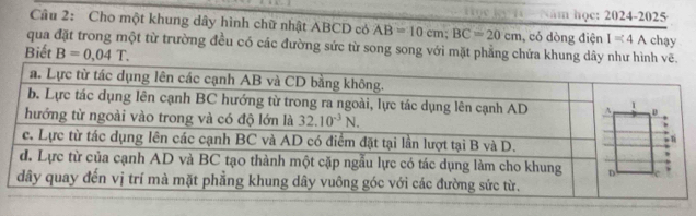 Năm
Câu 2: Cho một khung dây hình chữ nhật ABCD có AB=10cm;BC=20cm , có dòng điện học: 2024-20 25
I=4A
qua đặt trong một từ trường đều có các đường sức từ song song với mặt phẳng chứa khung dây như hình vẽ. chạy
Biết B=0,04T.