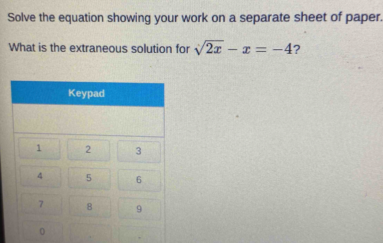 Solve the equation showing your work on a separate sheet of paper. 
What is the extraneous solution for sqrt(2x)-x=-4 ?