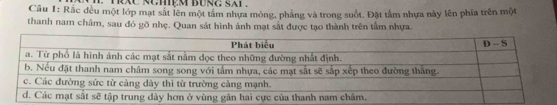 tRAC NGHIệM đUNG SAi . 
Câu 1: Rắc đều một lớp mạt sắt lên một tấm nhựa mỏng, phẳng và trong suốt. Đặt tấm nhựa này lên phía trên một 
thanh nam châm, sau đó gõ nhẹ. Quan sát hình ảnh mạt sắt được tạo thành trên tấm nhựa.