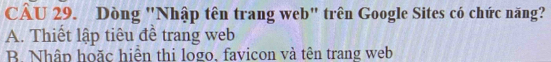 Dòng "Nhập tên trang web" trên Google Sites có chức năng?
A. Thiết lập tiêu đề trang web
B. Nhập hoặc hiện thị logo, favicon và tên trang web