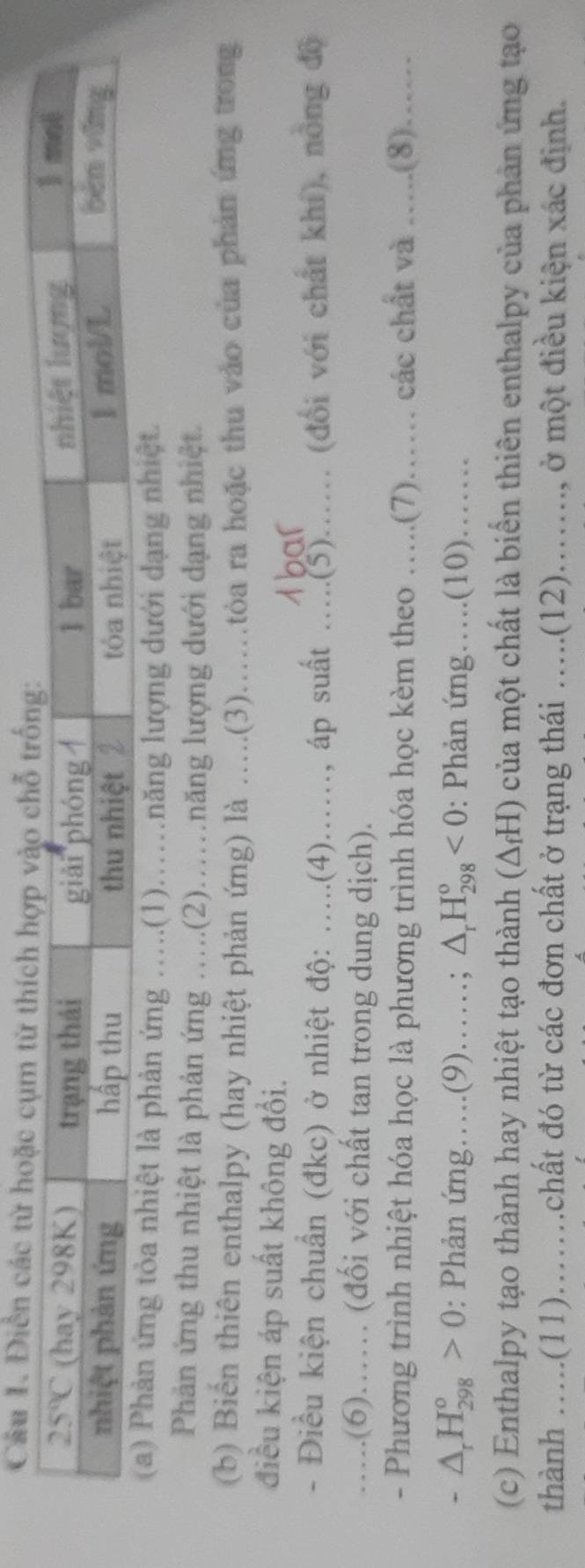 ứng tỏa nhiệt là phản ứng .....(1).…năng lượng dưới dạng nhiệt.
Phản ứng thu nhiệt là phản ứng ….(2)..năng lượng dưới dạng nhiệt.
(b) Biến thiên enthalpy (hay nhiệt phản ứng) là …..(3)……tòa ra hoặc thu vào của phản ứng trong
điều kiện áp suất không đổi.
Mbar
- Điều kiện chuẩn (đkc) ở nhiệt độ: .....(4)......, áp suất .....(5)...... (đổi với chất khi), nông độ
….(6)…… (đổi với chất tan trong dung dịch).
- Phương trình nhiệt hóa học là phương trình hóa học kèm theo …..(7)…… các chất và .....(8)....
-△ _rH_(298)^o>0 : Phản ứng….(9)……; △ _rH_(298)^o<0</tex> : Phản ứng….(10)…….
(c) Enthalpy tạo thành hay nhiệt tạo thành (ΔH) của một chất là biển thiên enthalpy của phản ứng tạo
thành …..(11)……chất đó từ các đơn chất ở trạng thái …..(12)…….., ở một điều kiện xác định.