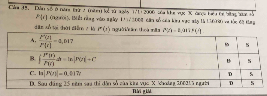 Dân số ở năm thứ / (năm) kể từ ngày 1/1/2000 của khu vực X được biểu thị bằng hàm số
P(t) (người). Biết rằng vào ngày 1/1/2000 dân số của khu vực này là 130380 và tốc độ tăng
dân số tại thời điểm 1 là P'(t) người/năm thoả mãn