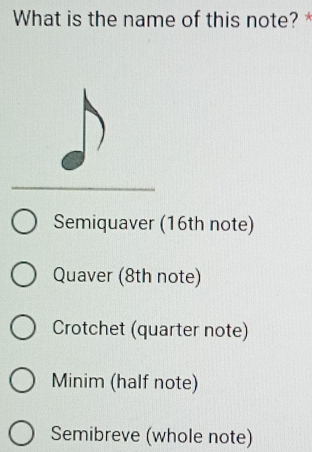 What is the name of this note? *
Semiquaver (16th note)
Quaver (8th note)
Crotchet (quarter note)
Minim (half note)
Semibreve (whole note)