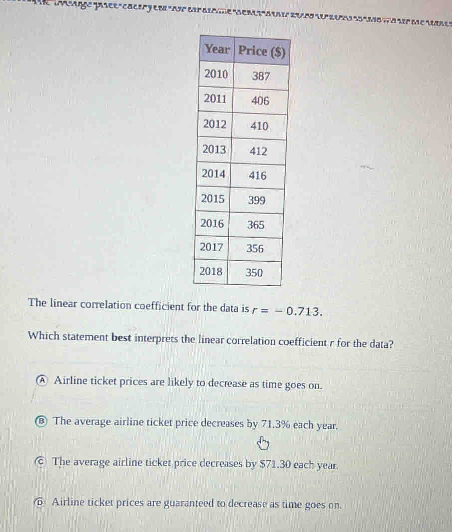 ''ean ''
The linear correlation coefficient for the data is r=-0.713. 
Which statement best interprets the linear correlation coefficient r for the data?
A Airline ticket prices are likely to decrease as time goes on.
⑧ The average airline ticket price decreases by 71.3% each year.
© The average airline ticket price decreases by $71.30 each year.
Airline ticket prices are guaranteed to decrease as time goes on.