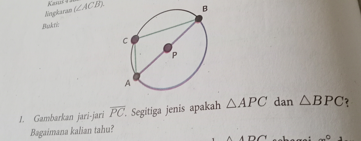 Kasus 4 à 
lingkaran (∠ ACB). 
Bukti: 
1. Gambarkan jari-jari overline PC. Segitiga jenis apakah △ APC dan △ BPC 2 
Bagaimana kalian tahu?