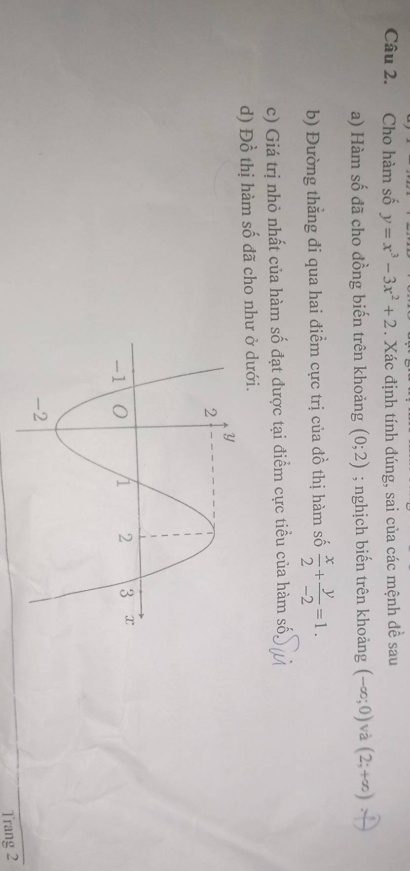 Cho hàm số y=x^3-3x^2+2. Xác định tính đúng, sai của các mệnh đề sau 
a) Hàm số đã cho đồng biến trên khoảng (0;2); nghịch biến trên khoảng (-∈fty ;0) và (2;+∈fty )
b) Đường thắng đi qua hai điểm cực trị của đồ thị hàm số  x/2 + y/-2 =1. 
c) Giá trị nhỏ nhất của hàm số đạt được tại điểm cực tiểu của hàm số 
d) Đồ thị hàm số đã cho như ở dưới. 
Trang 2