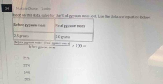 Based on this data, solve for the % of gypsum mass lost. Use the data and equation below.
Before gypsum mass Final gypsum mass
2.5 grams 2.0 grams
(before gypsum mass-final gypsum mass) * 100=
before gypsum mass
21%
23%
24%
20%