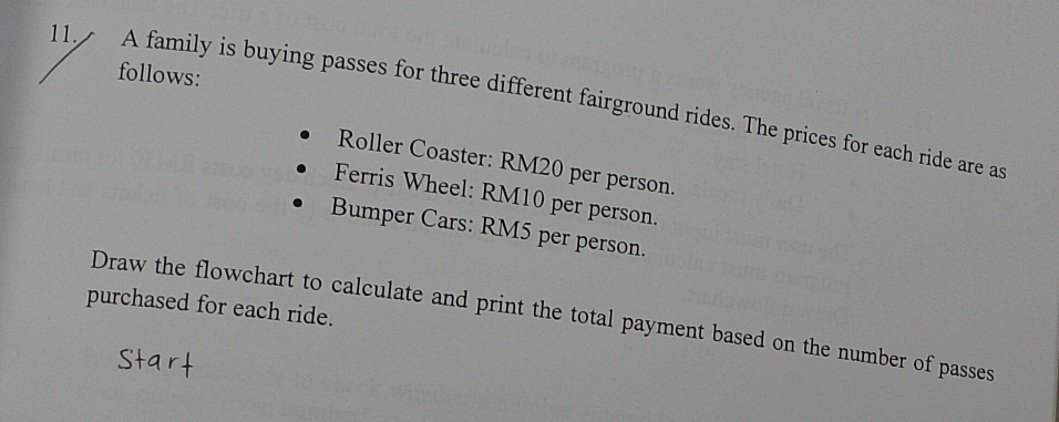 follows: 
11. A family is buying passes for three different fairground rides. The prices for each ride are a 
Roller Coaster: RM20 per person. 
Ferris Wheel: RM10 per person. 
Bumper Cars: RM5 per person. 
purchased for each ride. Draw the flowchart to calculate and print the total payment based on the number of passes