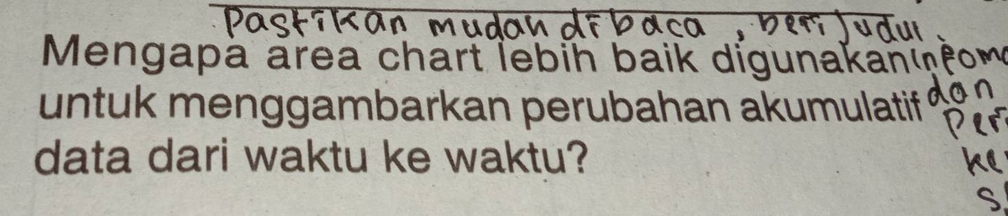 Mengapa area chart lebin baik digunakan 
untuk menggambarkan perubahan akumulatif 
data dari waktu ke waktu?