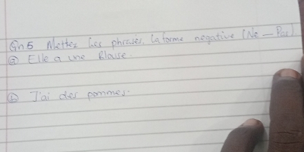 Cn 5 Mether Taes phrases. Io forme negative (Ne - Parl 
③ Elle a the Blouse. 
⑥Jai des pammes