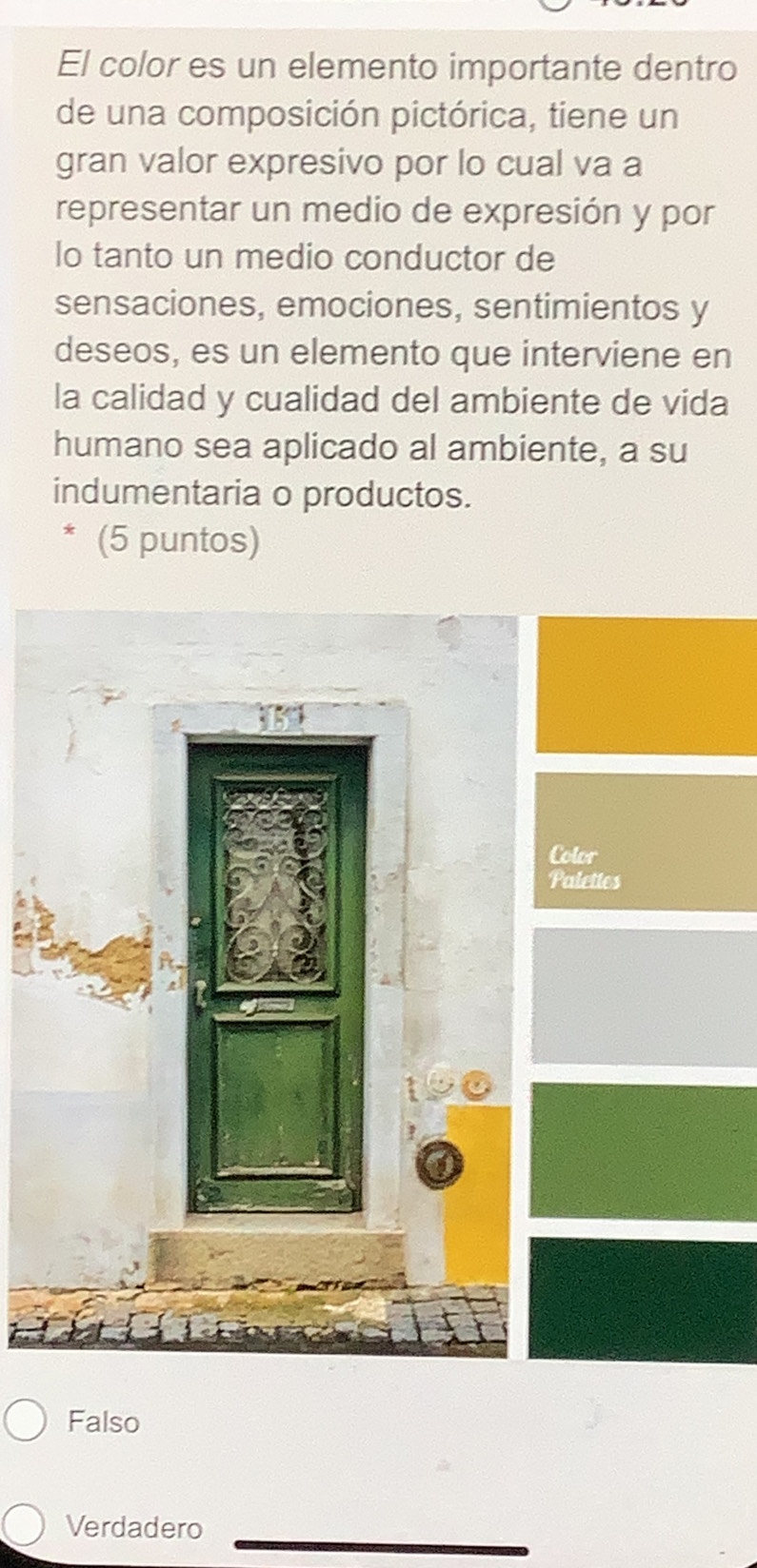 El color es un elemento importante dentro
de una composición pictórica, tiene un
gran valor expresivo por lo cual va a
representar un medio de expresión y por
lo tanto un medio conductor de
sensaciones, emociones, sentimientos y
deseos, es un elemento que interviene en
la calidad y cualidad del ambiente de vida
humano sea aplicado al ambiente, a su
indumentaria o productos.
* (5 puntos)
Color
Palettes
Falso
Verdadero