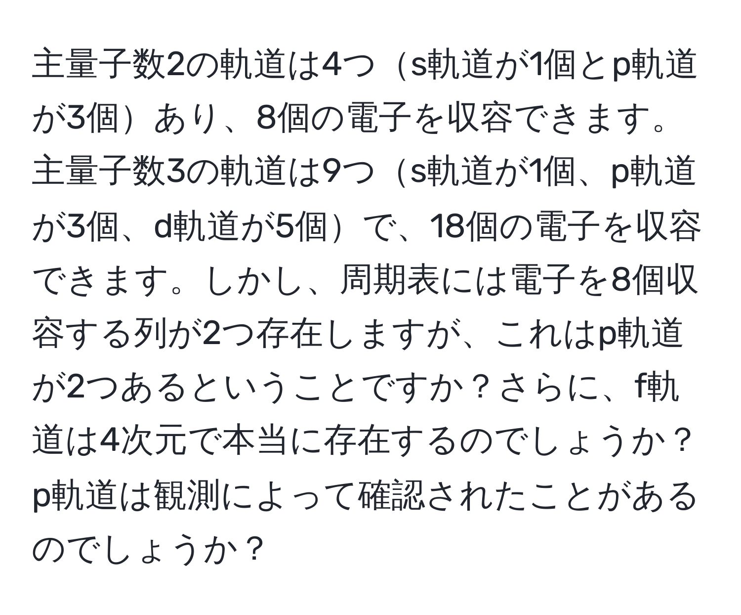 主量子数2の軌道は4つs軌道が1個とp軌道が3個あり、8個の電子を収容できます。主量子数3の軌道は9つs軌道が1個、p軌道が3個、d軌道が5個で、18個の電子を収容できます。しかし、周期表には電子を8個収容する列が2つ存在しますが、これはp軌道が2つあるということですか？さらに、f軌道は4次元で本当に存在するのでしょうか？p軌道は観測によって確認されたことがあるのでしょうか？