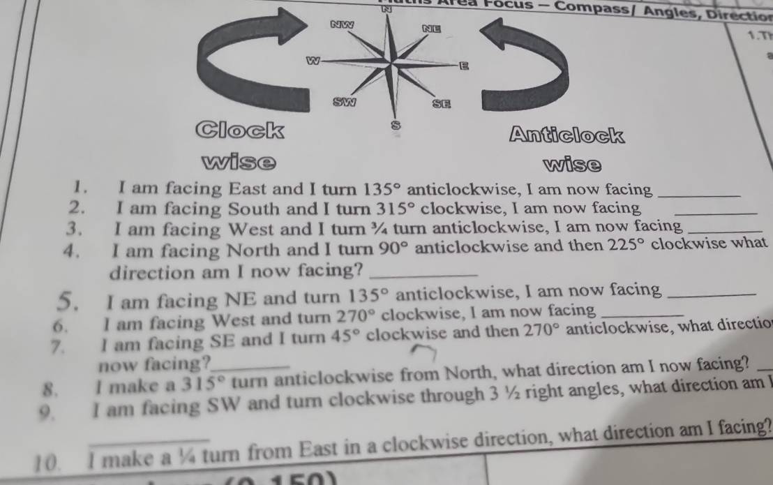 Solved: Área Focus - Compass/ Angles, Directios NW NE 1. T w E Sw SE s ...