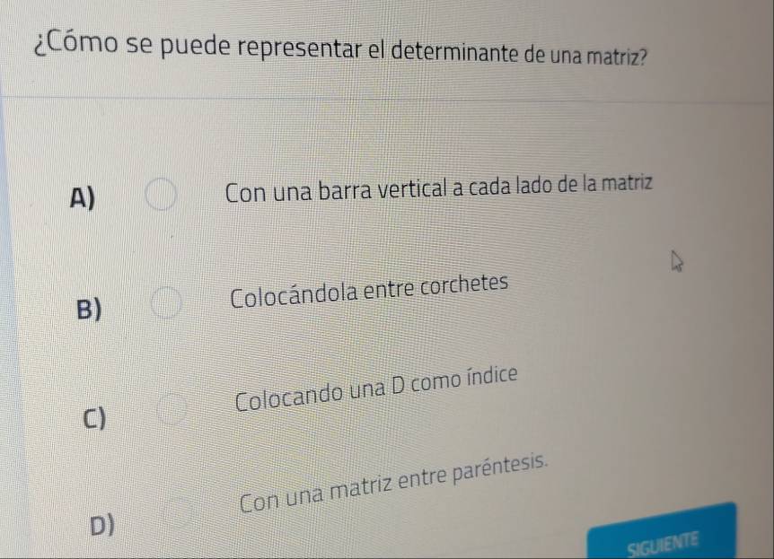 ¿Cómo se puede representar el determinante de una matriz?
A) Con una barra vertical a cada lado de la matriz
B) Colocándola entre corchetes
C) Colocando una D como índice
D) Con una matriz entre paréntesis.
SIGUIENTE