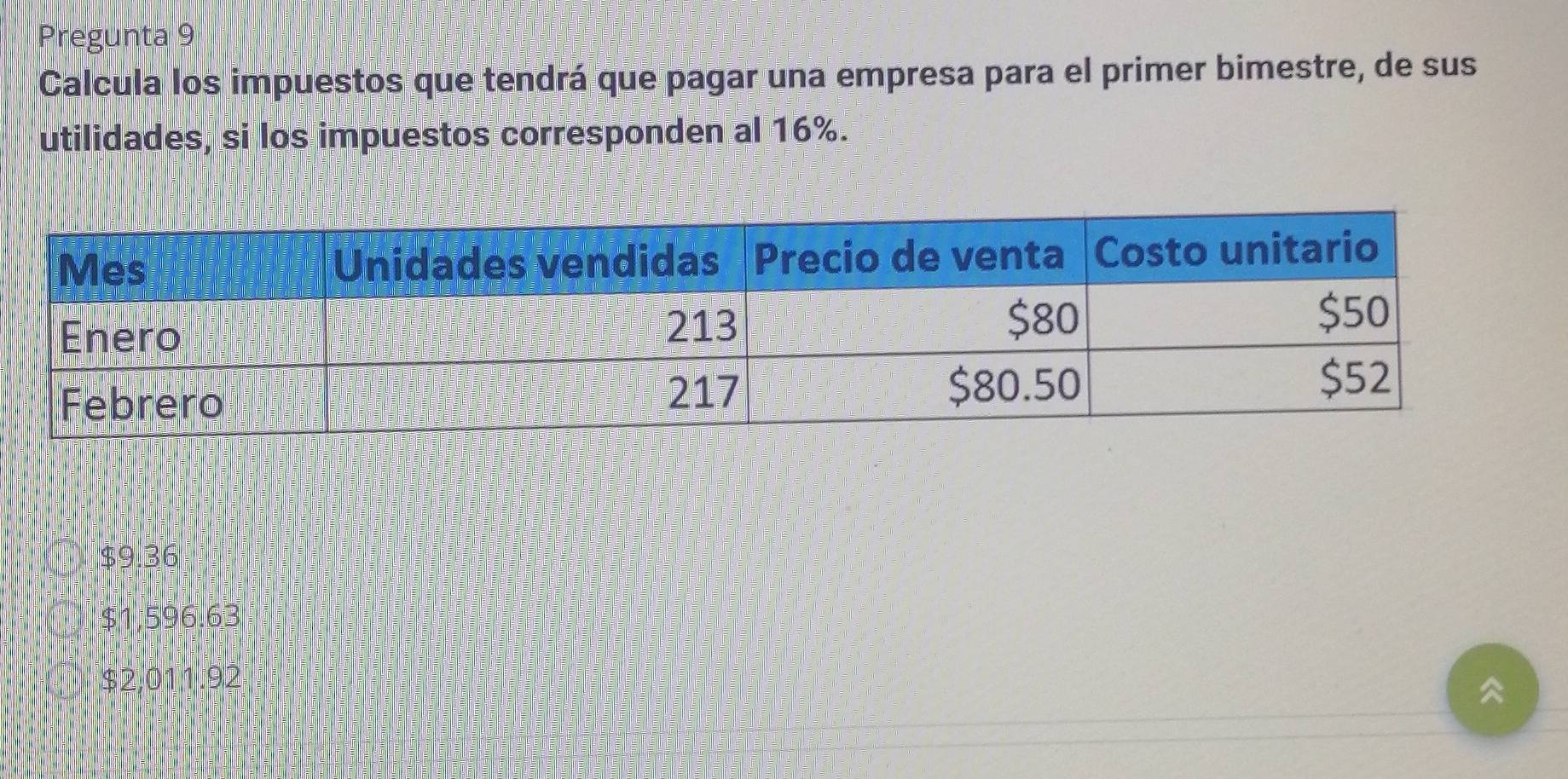 Pregunta 9
Calcula los impuestos que tendrá que pagar una empresa para el primer bimestre, de sus
utilidades, si los impuestos corresponden al 16%.
$9.36
$1,596.63
$2,011.92