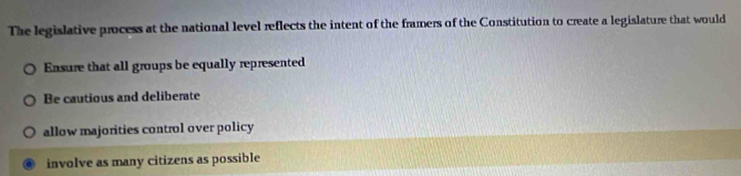 The legislative process at the national level reflects the intent of the framers of the Constitution to create a legislature that would
Ensure that all groups be equally represented
Be cautious and deliberate
allow majorities control over policy
involve as many citizens as possible