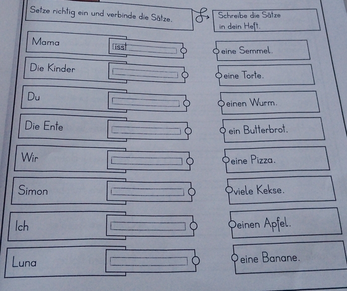 Setze richtig ein und verbinde die Sätze. 
Schreibe die Sätze 
in dein Heft. 
Mama Lisst □ eine Semmel. 
Die Kinder beginarrayr □  □ endarray □ Oeine Torte. 
Du 
□ einen Wurm. 
Die Ente □ a ein Butterbrot. 
Wir □ Peine Pizza. 
Simon □ Oviele Kekse. 
lch □ □ Oeinen Apfel.
x= □ /□  
Luna eine Banane.