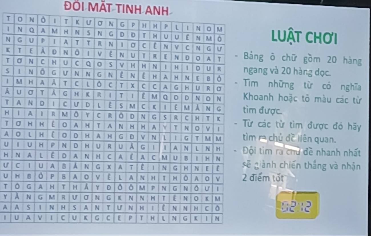 ĐỒi MặT Tinh AnH 
T 
1 
luật chơi 
Nng ò chữ gồm 20 hàng 
【 
Tang và 20 hàng dọc. 
Sm những từ có nghĩa 
1 
Ahoanh hoặc tô màu các từ 
T được. 
H các từ tìm được đó hãy 
T 
A r chủ đề liên quan. 
Ui tìm ra chư đề nhanh nhất 
H giành chiến thắng và nhận 
U 
U iểm tốt 
T 
Y 
A
3:5:3