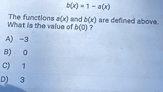 b(x)=1-a(x)
The functions a(x) and b(x) are defined above.
What is the value of b(0) ?
A) -3
B) 0
C) 1
D) 3