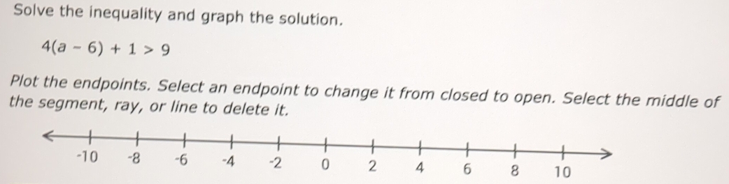 Solve the inequality and graph the solution.
4(a-6)+1>9
Plot the endpoints. Select an endpoint to change it from closed to open. Select the middle of 
the segment, ray, or line to delete it.