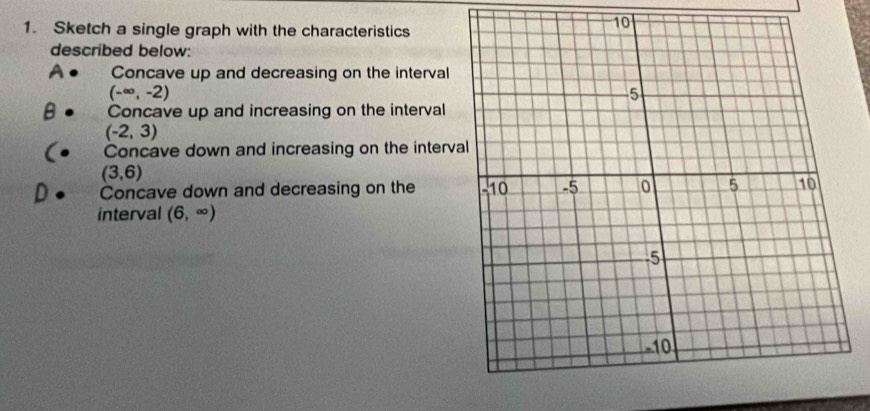 Sketch a single graph with the characteristics 
described below: 
A Concave up and decreasing on the interval
(-∈fty ,-2)
B Concave up and increasing on the interval
(-2,3)
( Concave down and increasing on the interva
(3,6)
D Concave down and decreasing on the 
interval (6,∈fty )