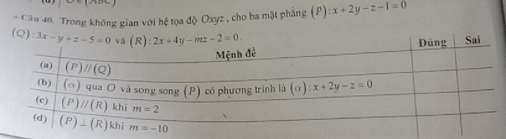 Trong không gian với hệ tọa độ Oxyz , cho ba mặt phẳng (P):x+2y-z-1=0
(Q):