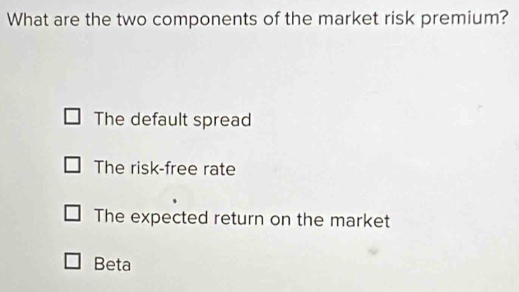 What are the two components of the market risk premium?
The default spread
The risk-free rate
The expected return on the market
Beta