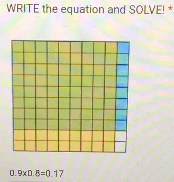 WRITE the equation and SOLVE! *
0.9* 0.8=0.17