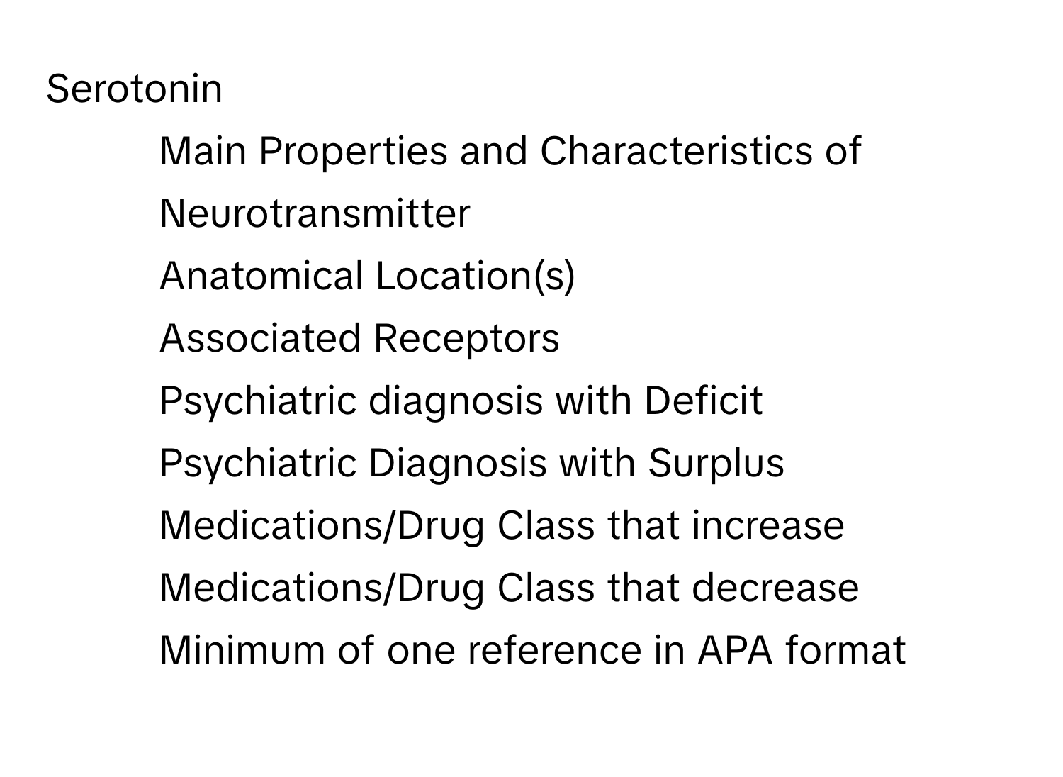 Serotonin 
- Main Properties and Characteristics of Neurotransmitter 
- Anatomical Location(s) 
- Associated Receptors 
- Psychiatric diagnosis with Deficit 
- Psychiatric Diagnosis with Surplus 
- Medications/Drug Class that increase 
- Medications/Drug Class that decrease 
- Minimum of one reference in APA format