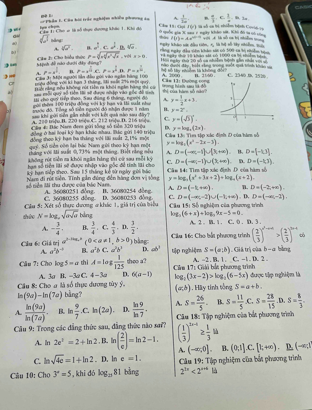 CASIC
Đề 1:
* Phần 1. Câu hôi trắc nghiệm nhiều phương án A.  1/2a . B.  a/2 . C.  2/a ·  D. 2a
Câu 11: Gọi
lựa chọn. I(t) là số ca bị nhiễm bệnh Covid-19
Ví d  Cu 1: Cho a là số thực dương khác 1. Khi đó ở quốc gia X sau ự ngày khảo sát. Khi đó ta có công
thức I(t)=A.e^(s(r-t)) với A là số ca bị nhiễm trong
Giể sqrt[4](a^(frac 2)3) bằng: a^(frac 8)3· C.a^(frac 3)8· _ D sqrt[6](a).
a) ngày khảo sát đầu tiên,  là hệ số lây nhiễm. Biết
b)
A. sqrt[3](a^2). B. rằng ngày đầu tiên khảo sát có 500 ca bị nhiễm bệnh
Cầu 2: Cho biểu thức P=sqrt[3](xsqrt [4]x^3sqrt x) , với x>0. và ngày thứ 10 khảo sát có 1000 ca bị nhiễm bệnh.
Hỏi ngày thứ 20 số ca nhiễm bệnh gân nhất với số
》u Mệnh đề nào dưới đây đúng? nào dưới đây, biết rằng trong suốt quá trình khảo sát
A. P=x^(frac 1)2. B. P=x^(frac 7)12.C.P=x^(frac 5)8.D.P=x^(frac 7)24. hệ số lây nhiễm là không đổi?
H  Câu 3: Một người lần đầu gửi vào ngân hàng 100 A. 2000 . B. 2160 . C. 2340.D. 2520 .
Ch triệu đồng với kì hạn 3 tháng, lãi suất 2% một quý.  Câu 12: Đường cong
Biết rằng nếu không rút tiền ra khỏi ngân hàng thì cứ trong hình sau là đồ
a) sau mỗi quý số tiền lãi sẽ được nhập vào gốc đề tính thị của hàm số nào?
lãi cho quý tiếp theo. Sau đúng 6 tháng, người đó A.
gửi thêm 100 triệu đồng với kỳ hạn và lãi suất như y= 1/2 x+3.
5) đrước đó. Tổng số tiền người đó nhận được 1 năm B. y=2^x.
sau khi gửi tiền gần nhất với kết quả nào sau đây?
A. 210 triệu.B. 220 triệu.C. 212 triệu.D. 216 triệu. C. y=(sqrt(3))^x.
Câu 4: Bác Nam đem gửi tổng số tiền 320 triệu D.
đồng ở hai loại kỳ hạn khác nhau. Bác gửi 140 triệu y=log _4(2x).
dồng theo kỳ hạn ba tháng với lãi suất 2,1% một  Câu 13: Tìm tập xác định D của hàm số
quý. Số tiền còn lại bác Nam gửi theo kỳ hạn một y=log _2(x^2-2x-3).
tháng với lãi suất 0, 73% một tháng. Biết rằng nếu A. D=(-∈fty ;-1]∪ [3;+∈fty ) B. D=[-1;3].
không rút tiền ra khỏi ngân hàng thì cứ sau mỗi kỳ
hạn số tiền lãi sẽ được nhập vào gốc để tính lãi cho C. D=(-∈fty ;-1)∪ (3;+∈fty ) D. D=(-1;3).
kỳ hạn tiếp theo. Sau 15 tháng kể từ ngày gửi bác  Câu 14: Tìm tập xác định D của hàm số
Nam đi rút tiền. Tính gần đúng đến hàng đơn vị tổng y=log _3(x^2+3x+2)+log _4(x+2).
số tiền lãi thu được của bác Nam.
A. 36080251 đồng. B. 36080254 đồng. A. D=(-1;+∈fty ). B. D=(-2;+∈fty ).
C. 36080255 đồng. D. 36080253 đồng. C. D=(-∈fty ;-2)∪ (-1;+∈fty ). D. D=(-∈fty ;-2).
Câu 5: Xét số thực dương a khác 1, giá trị của biểu  Câu 15: Số nghiệm của phương trình
thức N=log _asqrt(asqrt a)bdot ang
log _3(6+x)+log _39x-5=0.
A. - 3/4 . B.  3/4 . C.  4/3 . D.  3/2 .
A. 2 . B. 1 . C. 0 . D. 3 .
Câu 16: Cho bất phương trình ( 2/3 )^x^2-x+1>( 2/3 )^2x-1 có
Câu 6: Giá trị a^(2-3log _a)b (00 ) bằng:
A. a^2b^(-3) B. a^2b C. a^2b^3 D. ab^2 tập nghiệm S=(a;b). Giá trị của b-a bằng
Câu 7: Cho log 5=a thì A=l pg  1/125  theo a? A. -2 . B. 1 . _C. -1 . D. 2 .
Câu 17: Giải bất phương trình
A. 3a B. -3a C. 4-3a D. 6(a-1) log _2(3x-2)>log _2(6-5x) được tập nghiệm là
Câu 8: Cho a là shat O thực dương tùy ý,
(a;b). Hãy tính tổng S=a+b.
(9a)-ln (7a) bằng?
A
A.  ln (9a)/ln (7a) . B. ln  9/7 .C. ln (2a). D.  ln 9/ln 7 . A. S= 26/5 . B. S= 11/5 .C. S= 28/15 .D.S= 8/3 .
Câu 18: Tập nghiệm của bất phương trình
Câu 9: Trong các đẳng thức sau, đẳng thức nào sai?
A. ln 2e^2=2+ln 2. B. ln ( 2/e )=ln 2-1. ( 1/3 )^2x-1≥  1/3 la
A. (-∈fty ;0]. B. (0;1].C.[1;+∈fty ) D. (-∈fty ;]
C. ln sqrt(4e)=1+ln 2. D. ln e=1.
Câu 19: Tập nghiệm của bất phương trình
Câu 10: Cho 3^a=5 , khi đó log _2581 bằng
2^(2x)<2^(x+6) là