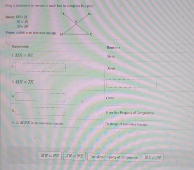 Dreg a statement or reasom to each box to complete this proof
j m
Givent! overline LM=overline NL
overline NL=overline JN N
overline JN=overline NK
Prove: △MMC is an isosceles trangle. M K
Statements Reasons
1. MN≌ NL Ghren
2 □ Given
3. overline MN≌ overline JN
□ 
4. □ Givan
5. □ Transiire Property of Congruence
6. △ MNK is an isosceles triangle. Definition of Iasceles trianglo
overline MN≌ overline NK overline JN≌ overline NK Transitive Property of Congruence NL≌ JN