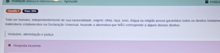 Avalsação (mócllo 1. orettos hunngs) - Aprovado 11/02/2 
Qurstlo 1 : Pesa 20%
Todo ser humano, independentemente de sua nacionalidade, ongem, etnia, raça, sexo, língua ou religião possui garantidos todos os direitos fundame 
inalienáveis estabelecidos na Declaração Universal. Assinale a alternativa que NÃO corresponde a alguns desses direitos: 
Vestuáno, alimentação e justiça. 
Resposta incorreta