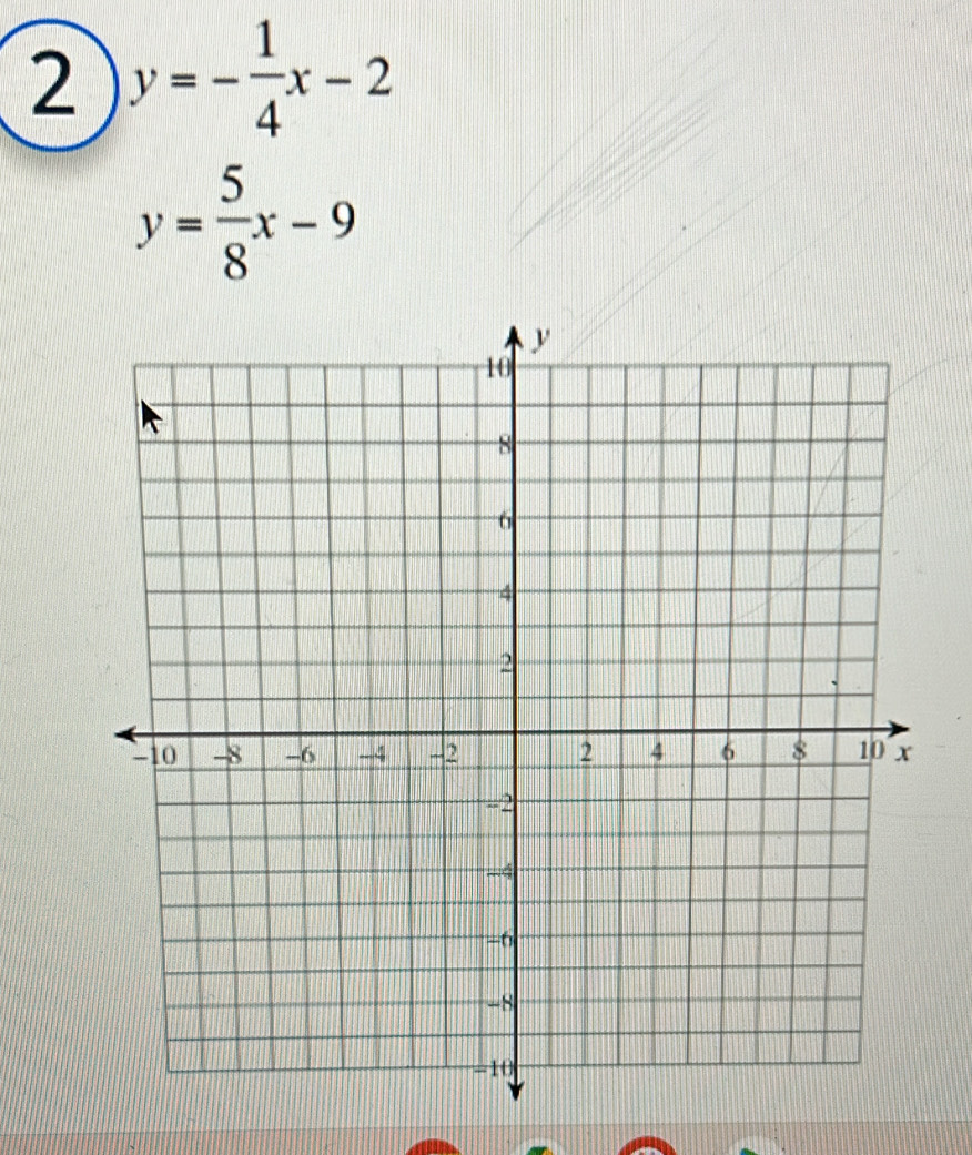 2 y=- 1/4 x-2
y= 5/8 x-9