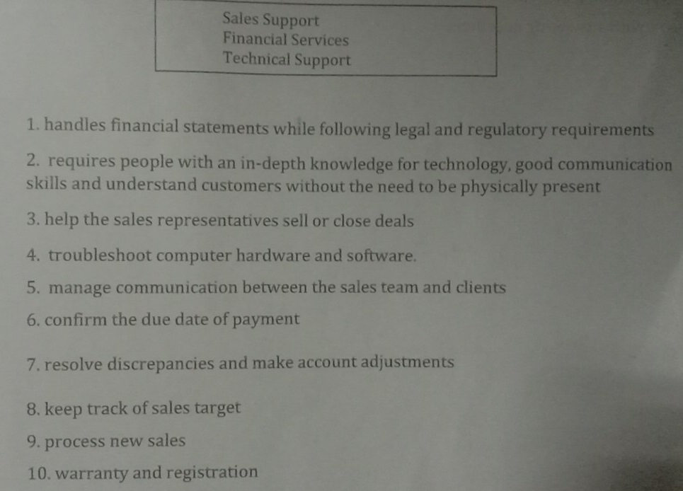 Sales Support 
Financial Services 
Technical Support 
1. handles financial statements while following legal and regulatory requirements 
2. requires people with an in-depth knowledge for technology, good communication 
skills and understand customers without the need to be physically present 
3. help the sales representatives sell or close deals 
4. troubleshoot computer hardware and software. 
5. manage communication between the sales team and clients 
6. confirm the due date of payment 
7. resolve discrepancies and make account adjustments 
8. keep track of sales target 
9. process new sales 
10. warranty and registration