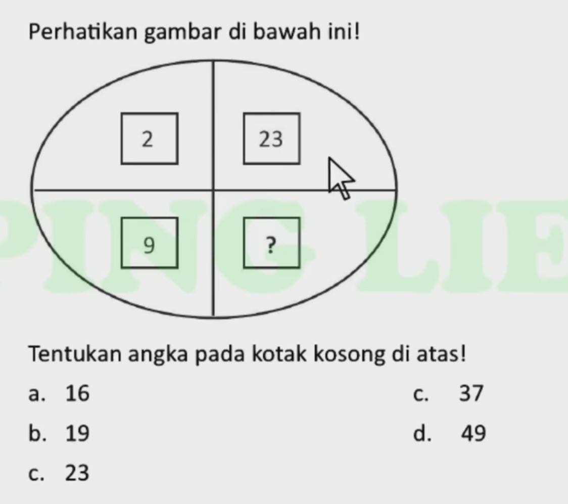 Perhatikan gambar di bawah ini!
Tentukan angka pada kotak kosong di atas!
a. 16 c. 37
b. 19 d. 49
c. 23