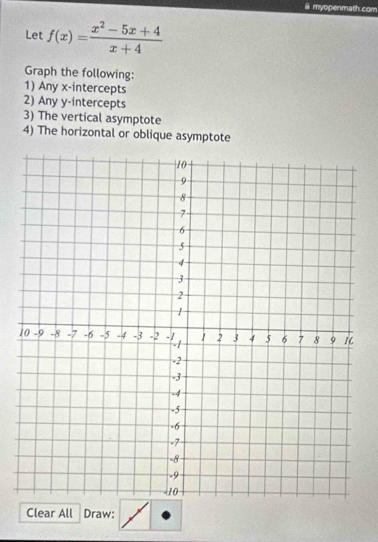 myopenmath.com 
Let f(x)= (x^2-5x+4)/x+4 
Graph the following: 
1) Any x-intercepts 
2) Any y-intercepts 
3) The vertical asymptote 
4) The horizontal or oblique asymptote 
Clear All Draw: