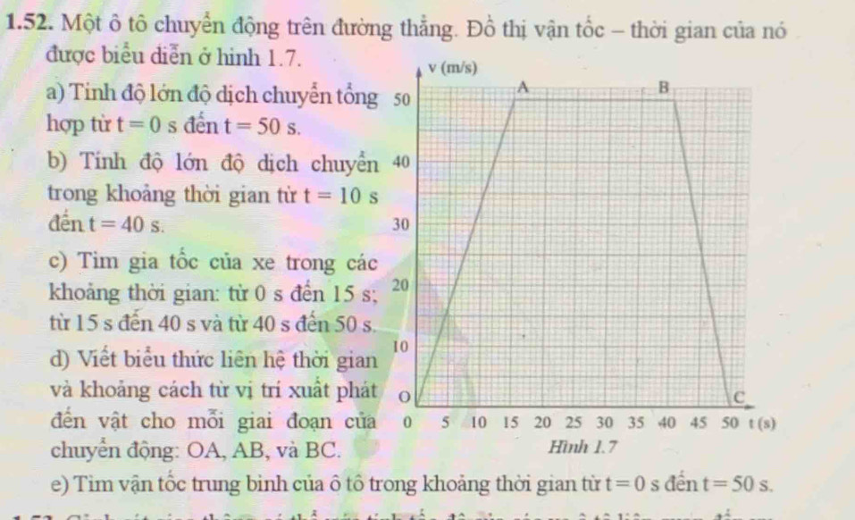 Một ô tô chuyển động trên đường thẳng. Đồ thị vận tốc - thời gian của nó
được biểu diễn ở hinh 1.7.
a) Tinh độ lớn độ dịch chuyển tổng
hợp từ t=0 s đến t=50s.
b) Tính độ lớn độ dịch chuyển
trong khoảng thời gian từ t=10 s
đến t=40s.
c) Tim gia tốc của xe trong các
khoảng thời gian: từ 0 s đến 15 s;
từ 15 s đến 40 s và từ 40 s đến 50 s.
d) Viết biểu thức liên hệ thời gian
và khoảng cách từ vị trí xuất phát
đến vật cho mỗi giai đoạn của
chuyển động: OA, AB, và BC. 
e) Tim vận tốc trung binh của ô tô trong khoảng thời gian từ t=0 S đến t=50s.