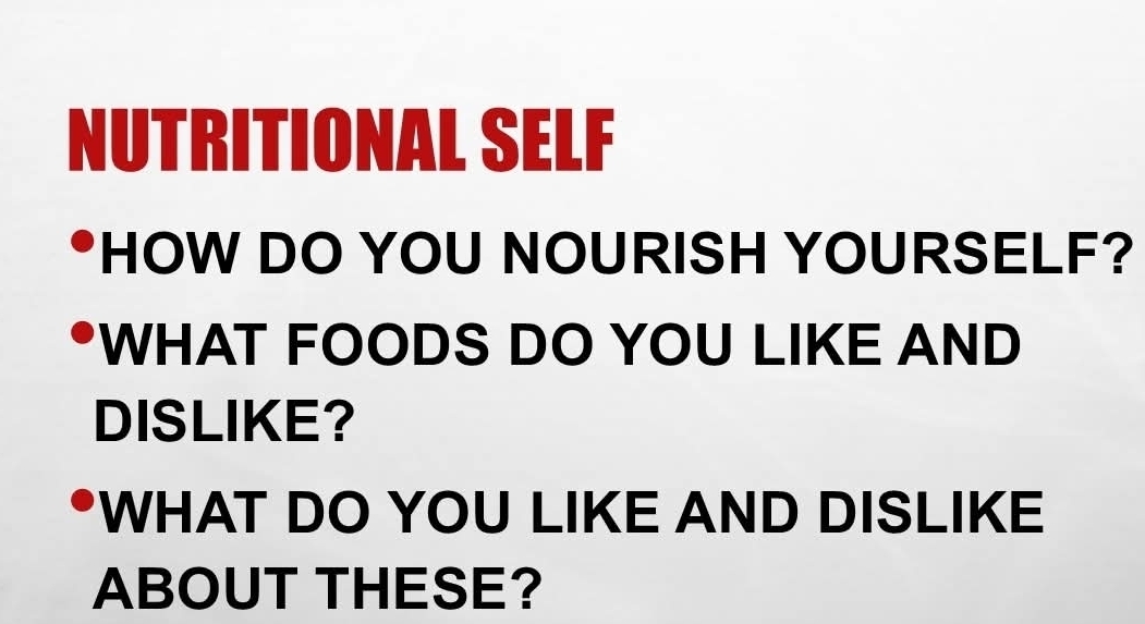 NUTRITIONAL SELF 
I HOW DO YOU NOURISH YOURSELF? 
*WHAT FOODS DO YOU LIKE AND 
DISLIKE? 
*WHAT DO YOU LIKE AND DISLIKE 
ABOUT THESE?