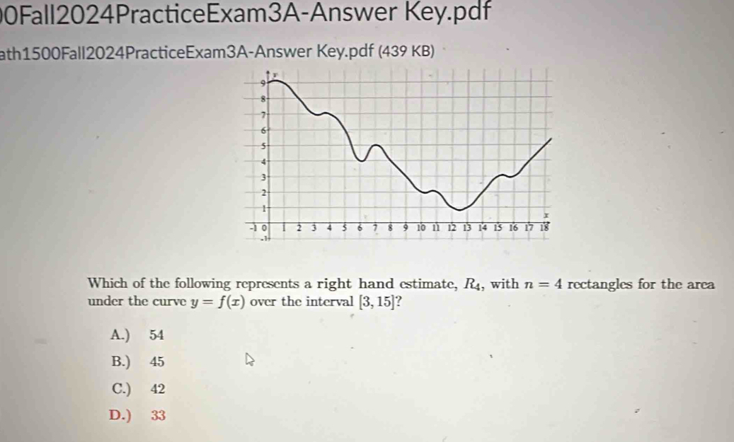 00Fall2024PracticeExam3A-Answer Key.pdf
ath1500Fall2024PracticeExam3A-Answer Key.pdf (439 KB)
Which of the following represents a right hand estimate, R_4 , with n=4 rectangles for the area
under the curve y=f(x) over the interval [3,15]
A.) 54
B.) 45
C.) 42
D.) 33